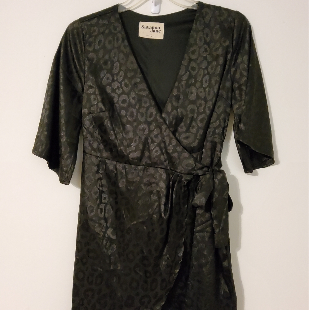 Savanna Jane Black Leopard Print Flare 3/4 Sleeves Wrap Dress Midi Dress - Picture 2 of 10